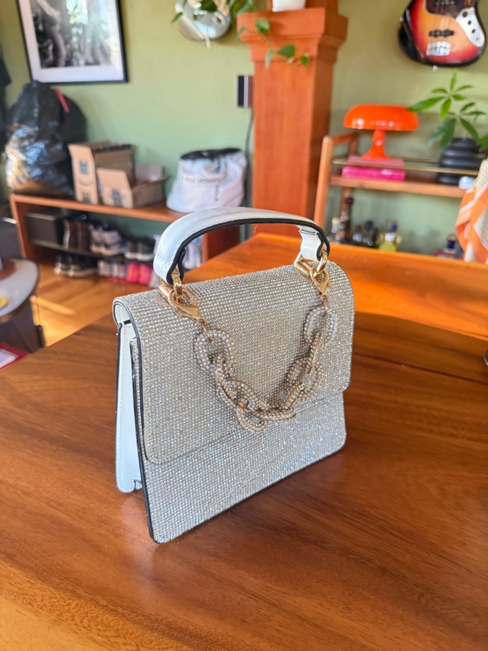 Women's White Crystal Top-Handle Evening Bag